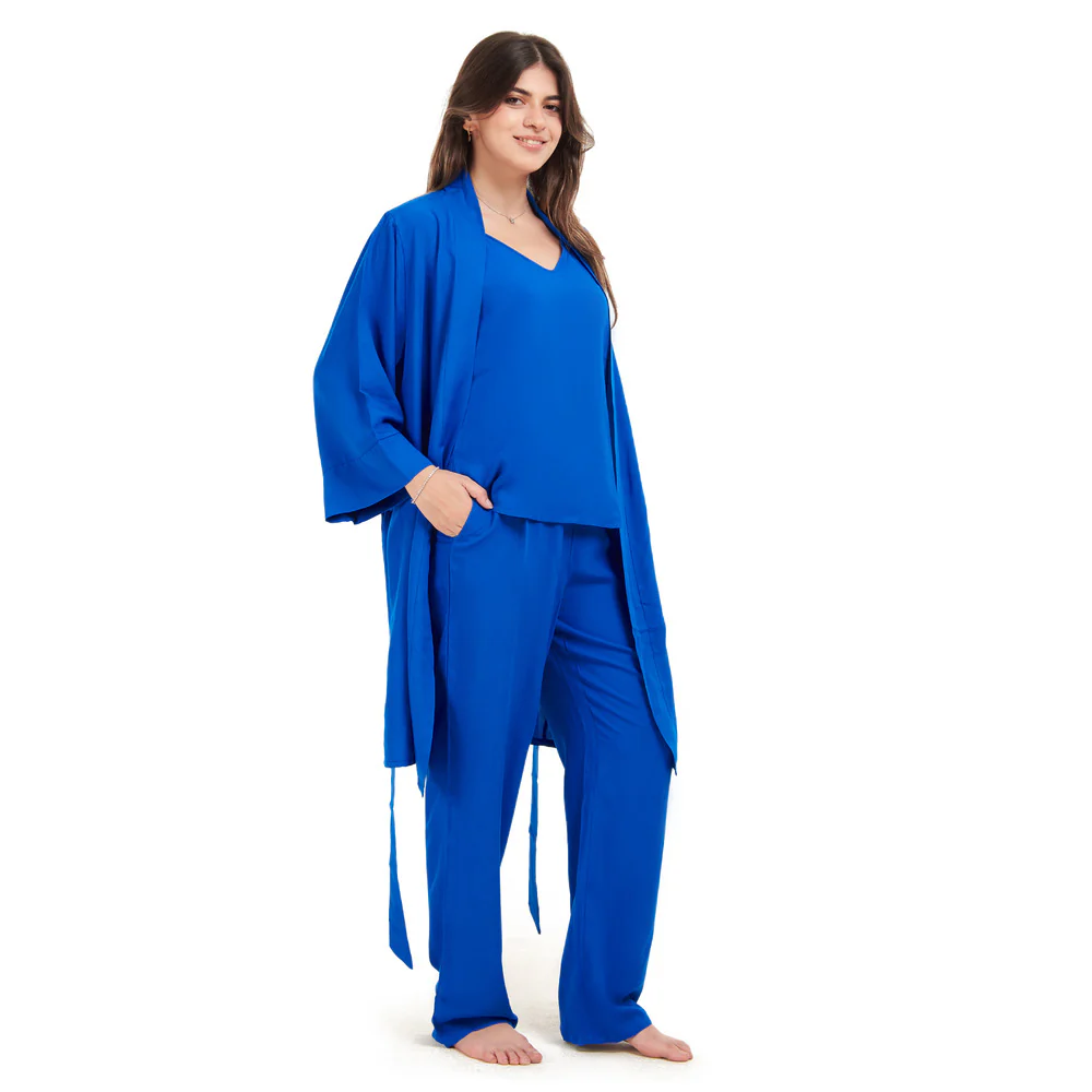Women summer 3 piece pajama set Royal Blue Top + Royal Blue kimono & Pants - Image 3