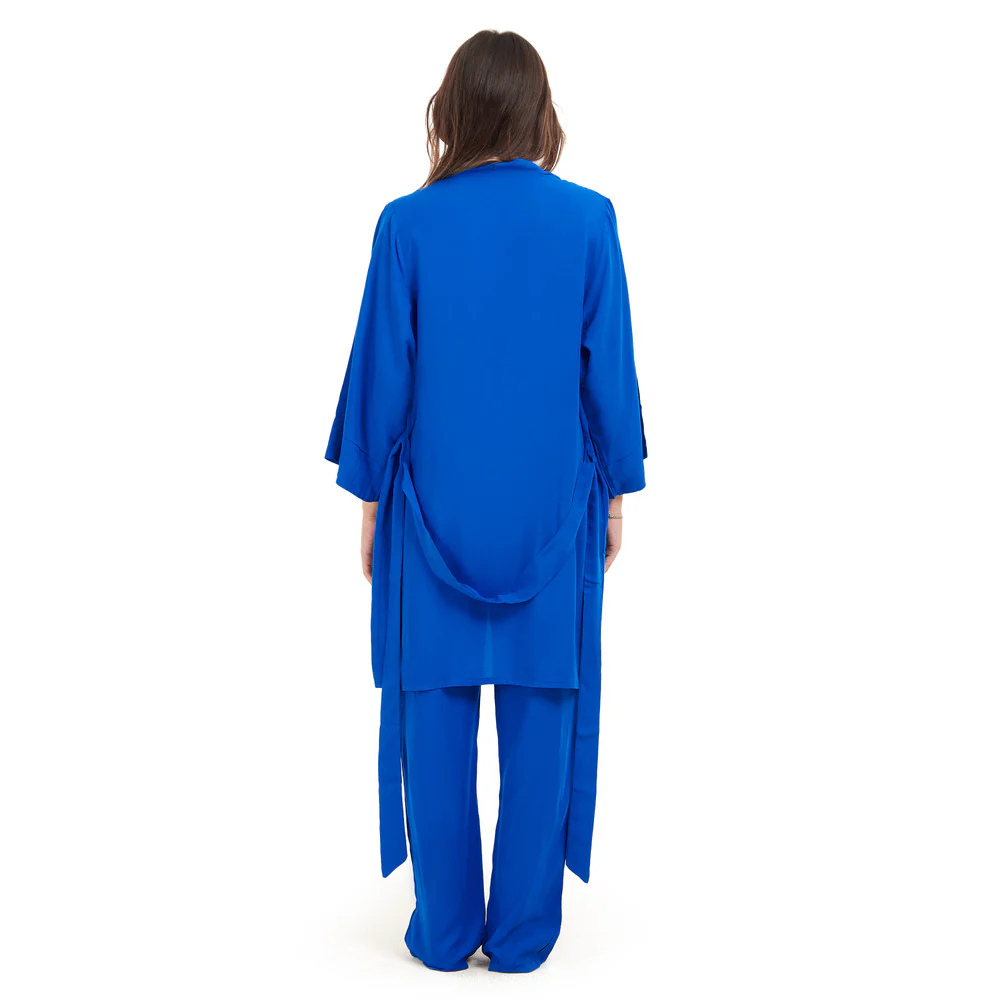 Women summer 3 piece pajama set Royal Blue Top + Royal Blue kimono & Pants - Image 4