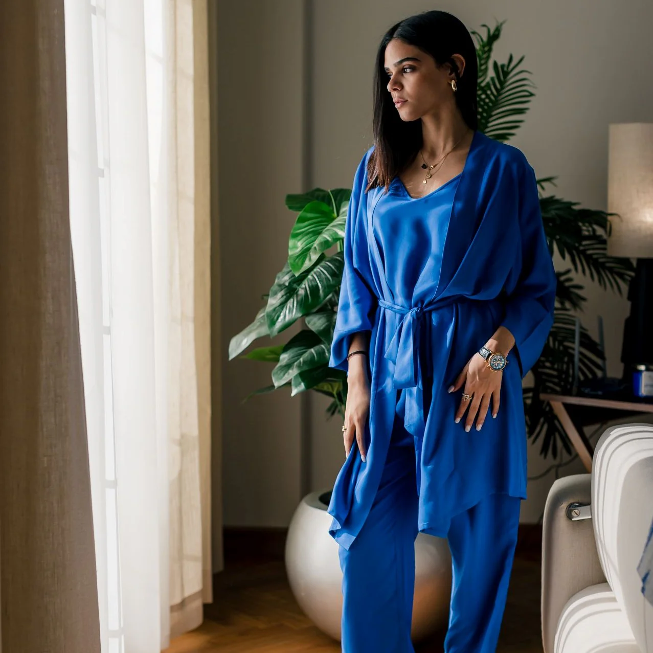 Women summer 3 piece pajama set Royal Blue Top + Royal Blue kimono & Pants - Image 5