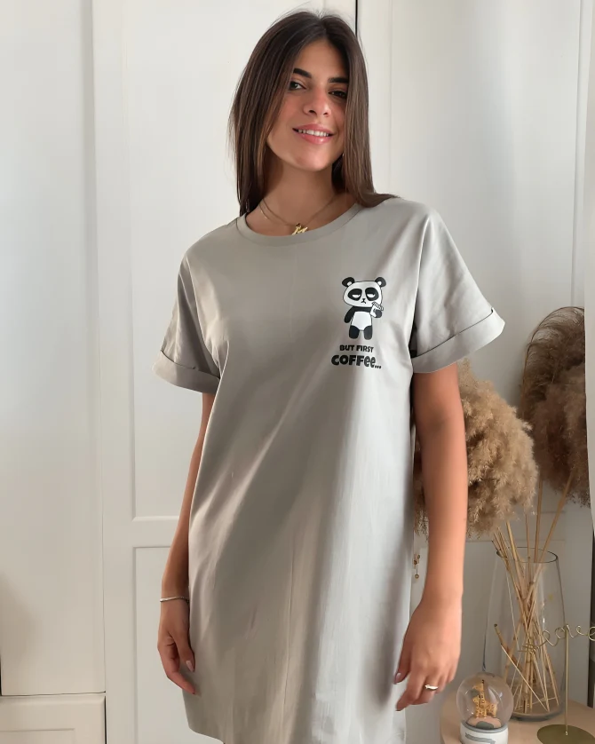 Women summer pajama Coffee Lover Panda night shirt - Image 3