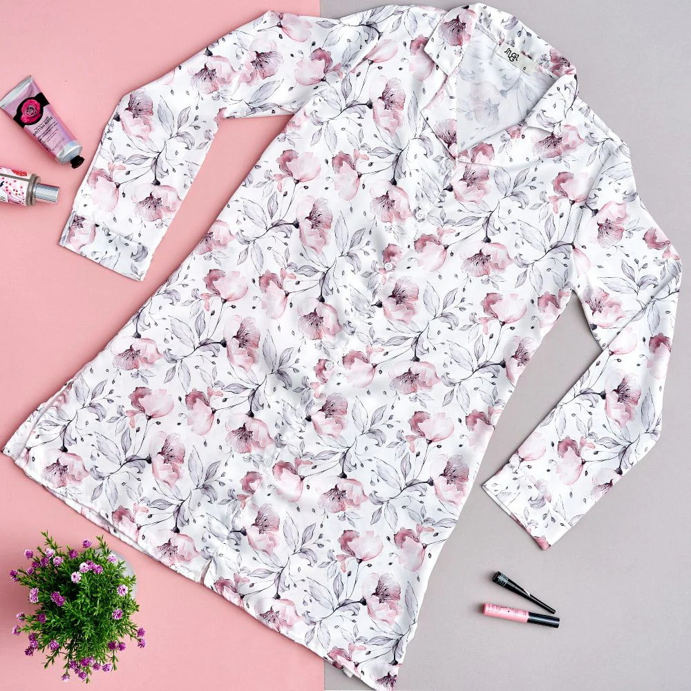 Women Satin summer pajama Flower pattern buttoned satin night shirt - Image 2