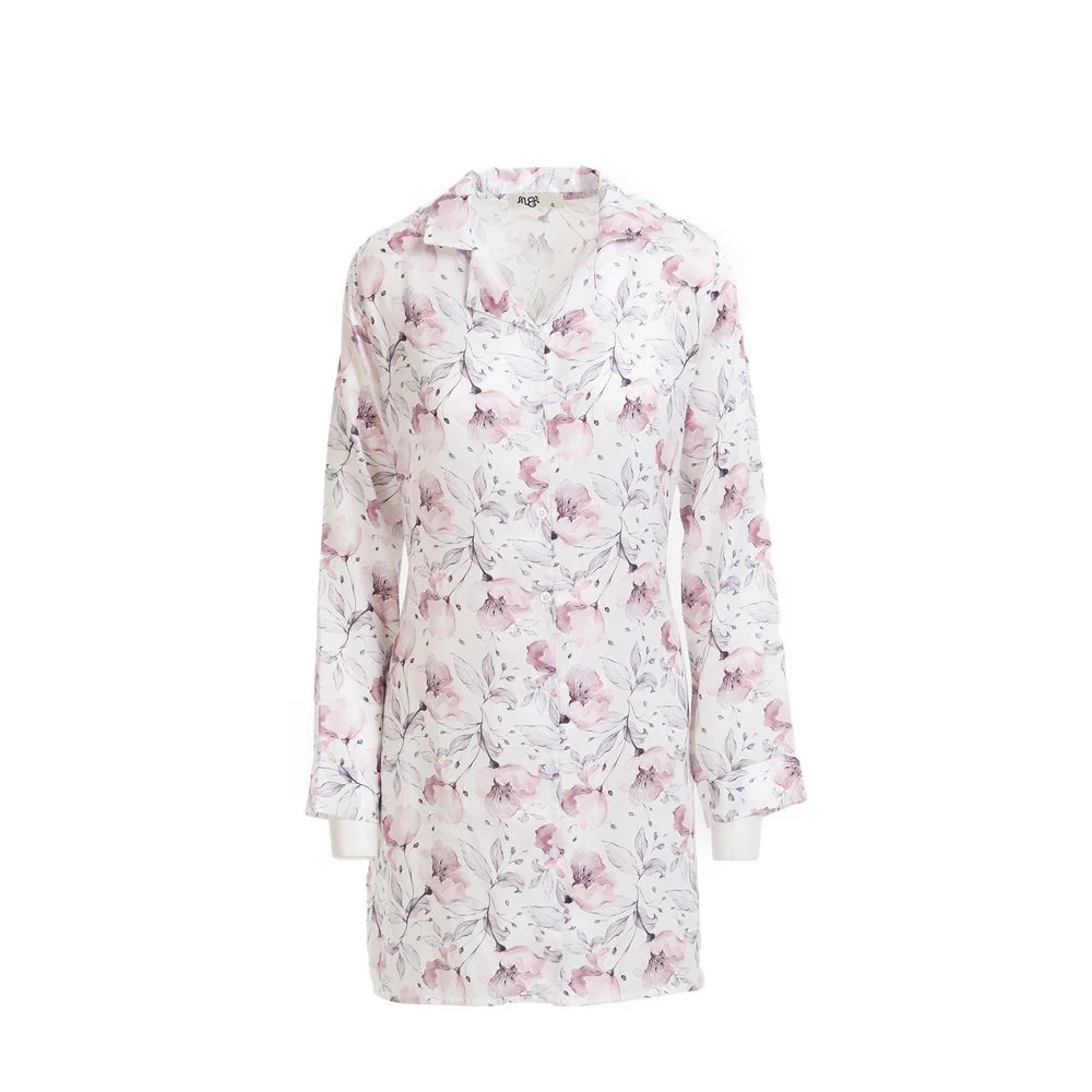 Women Satin summer pajama Flower pattern buttoned satin night shirt - Image 3