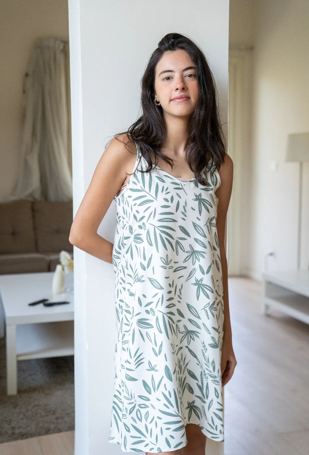 Women summer pajama Green Leaves night shirt