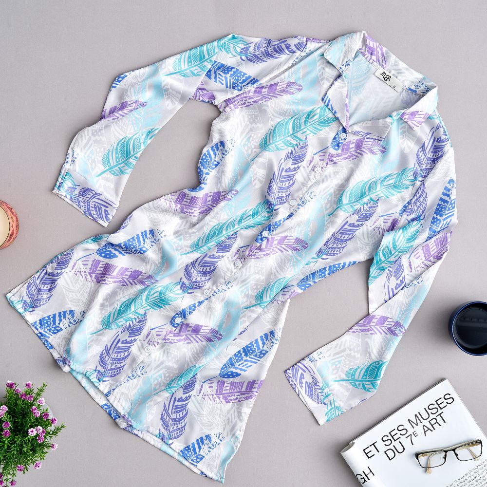Women Satin summer pajama Leaves pattern buttoned satin night shirt - Image 2