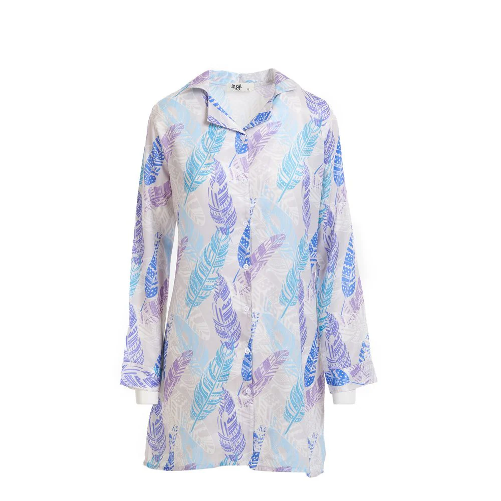Women Satin summer pajama Leaves pattern buttoned satin night shirt - Image 3