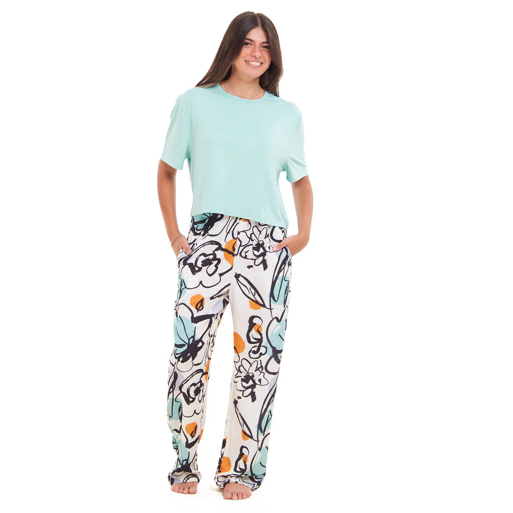 Women summer pajama set Baby Blue Cropped top + Mint Abstract Pattern pants - Image 2