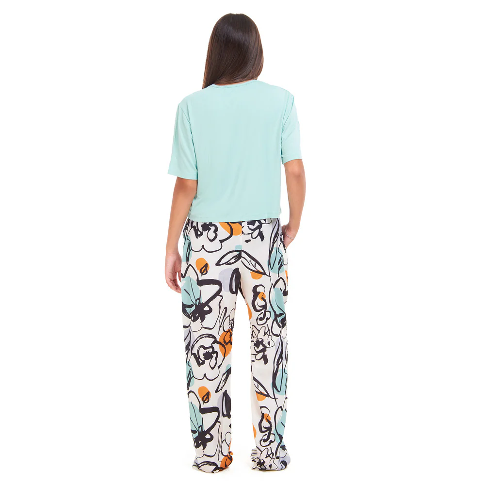 Women summer pajama set Baby Blue Cropped top + Mint Abstract Pattern pants - Image 3