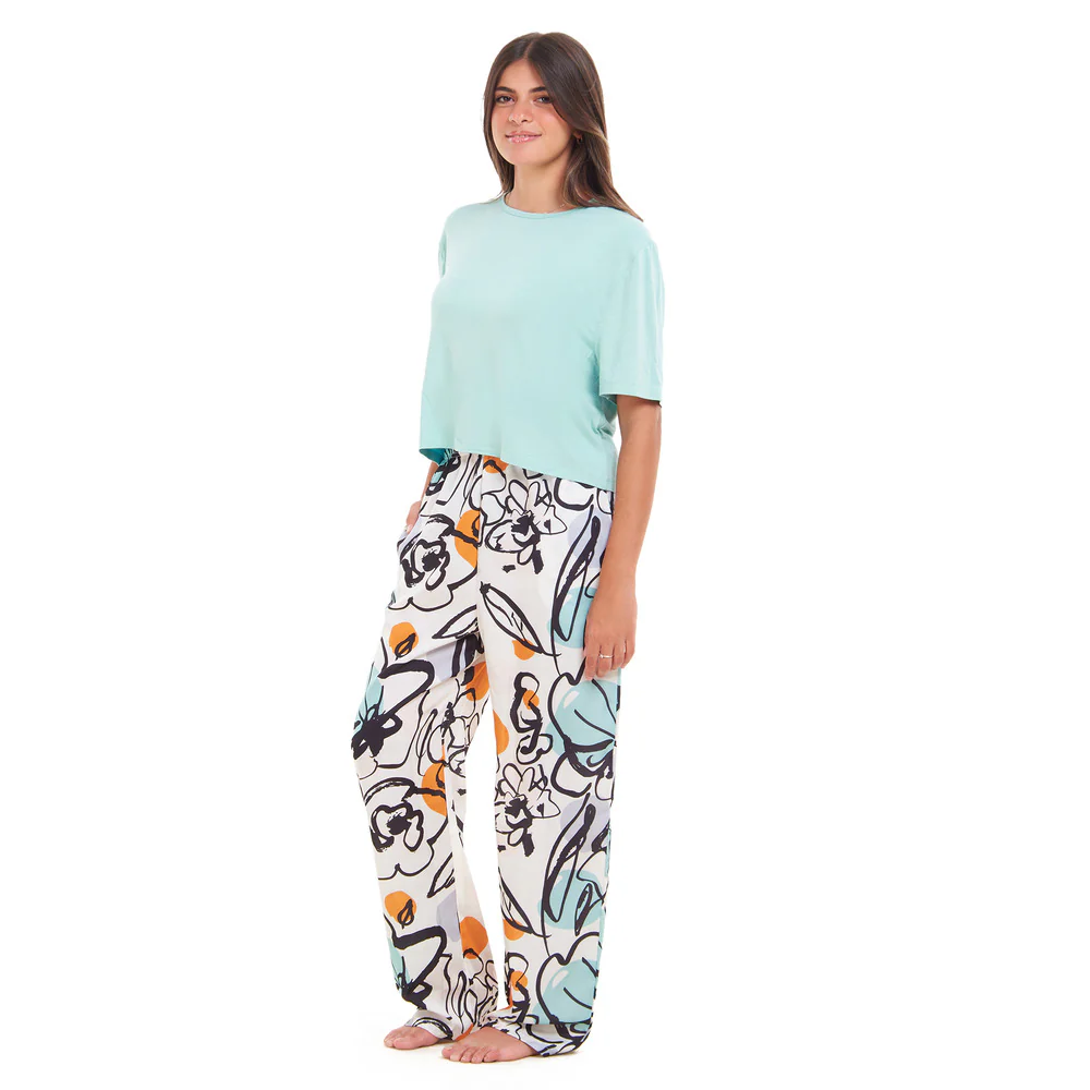 Women summer pajama set Baby Blue Cropped top + Mint Abstract Pattern pants - Image 4