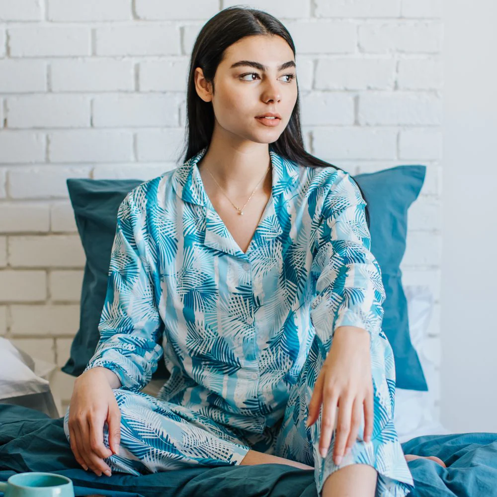 Women summer pajama set Baby Blue Leaves buttoned shirt + Pants