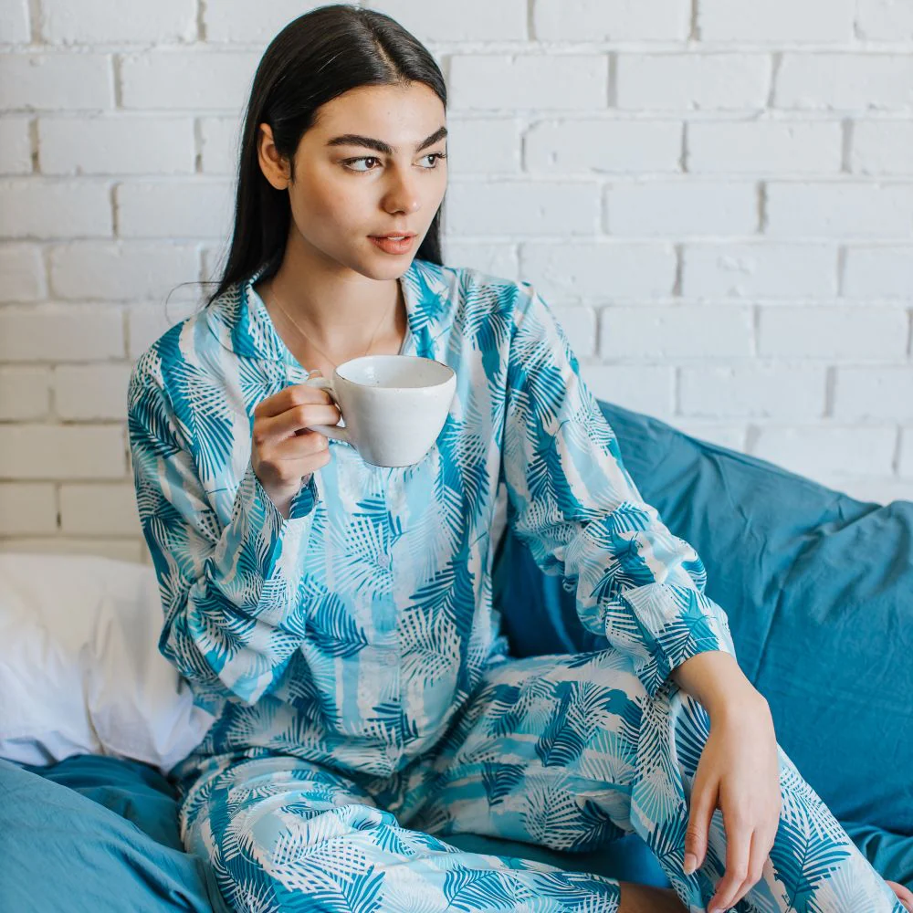 Women summer pajama set Baby Blue Leaves buttoned shirt + Pants - Image 2