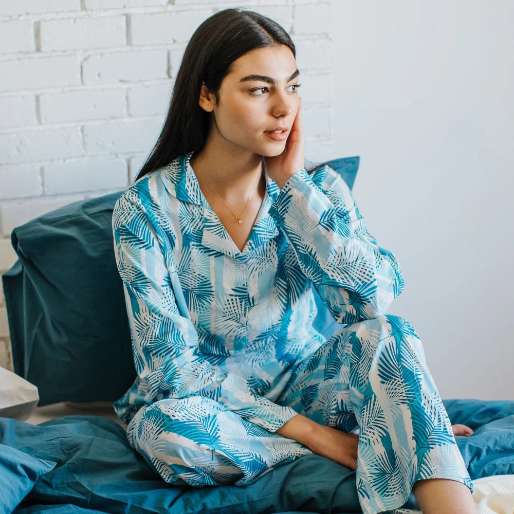 Women summer pajama set Baby Blue Leaves buttoned shirt + Pants - Image 3
