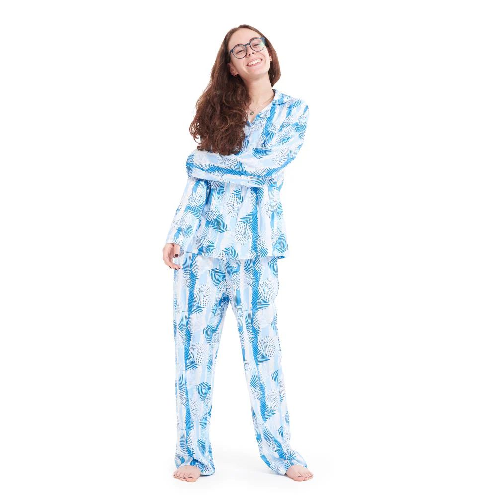 Women summer pajama set Baby Blue Leaves buttoned shirt + Pants - Image 4