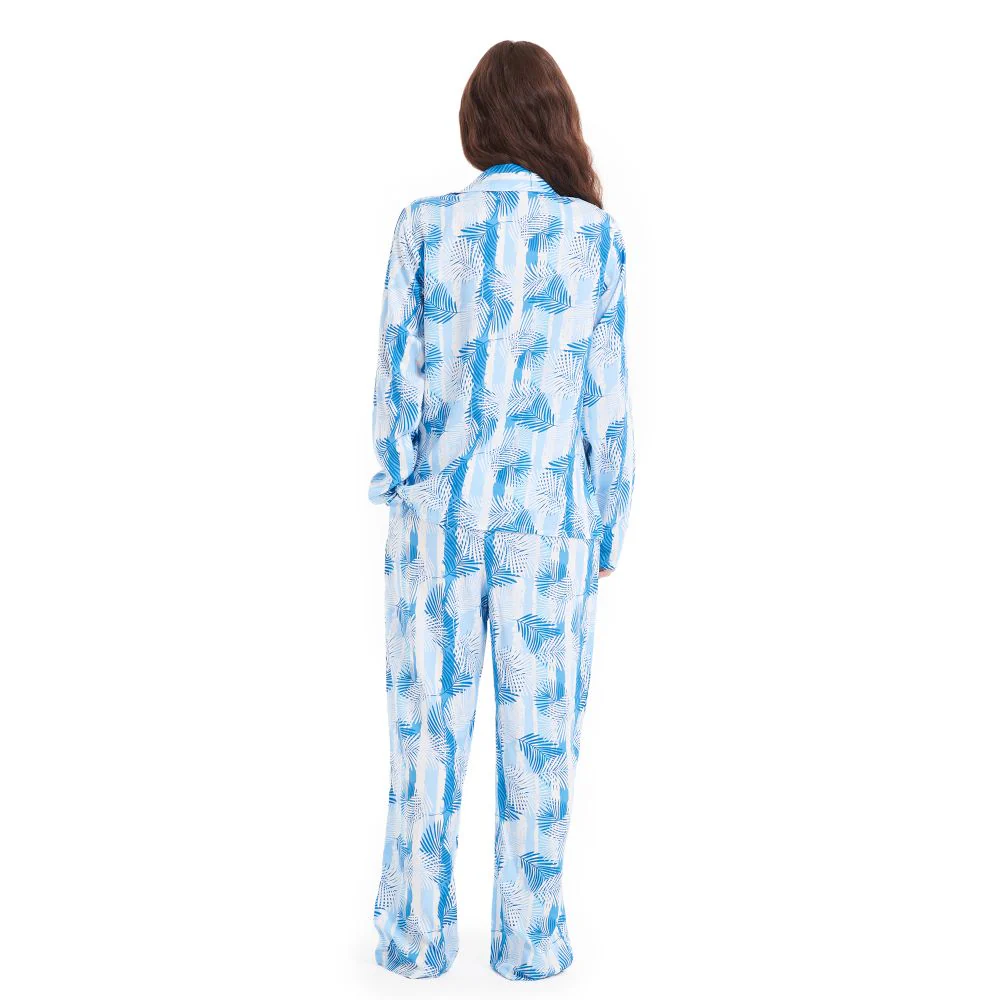 Women summer pajama set Baby Blue Leaves buttoned shirt + Pants - Image 5