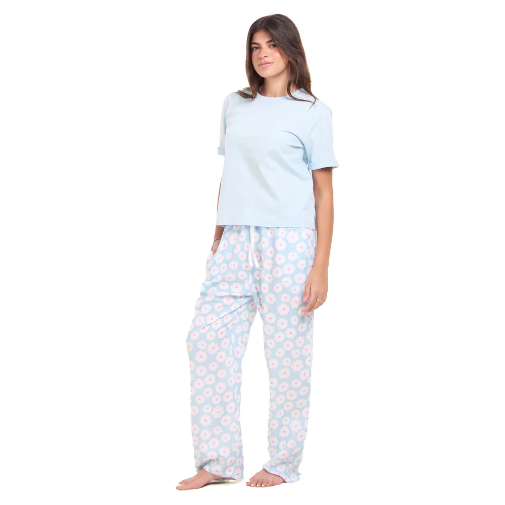 Women summer pajama set Baby blue Tee + Baby blue Floral Pants - Image 3