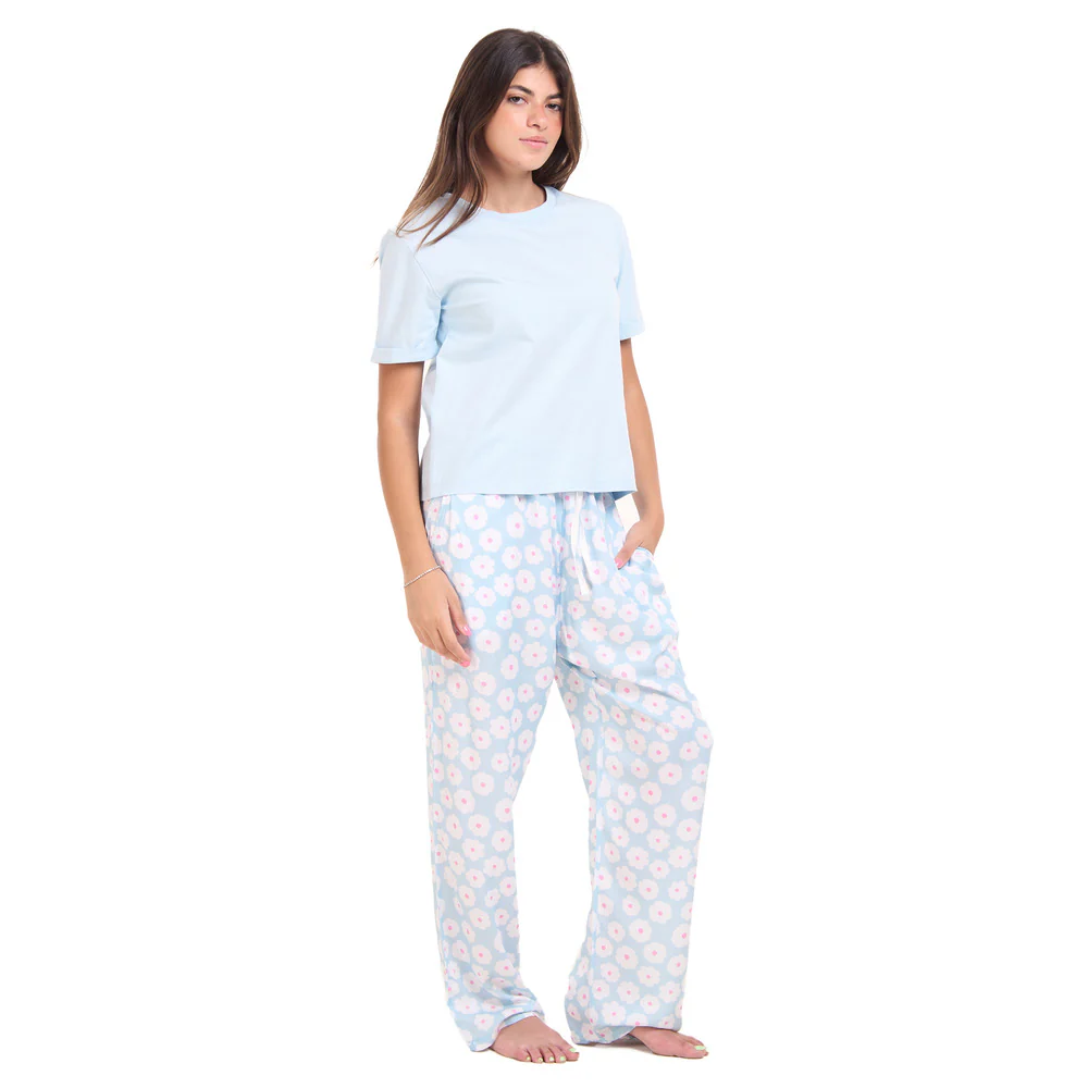 Women summer pajama set Baby blue Tee + Baby blue Floral Pants - Image 4