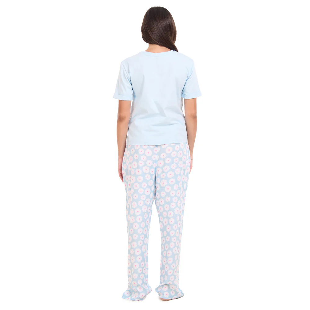 Women summer pajama set Baby blue Tee + Baby blue Floral Pants - Image 5