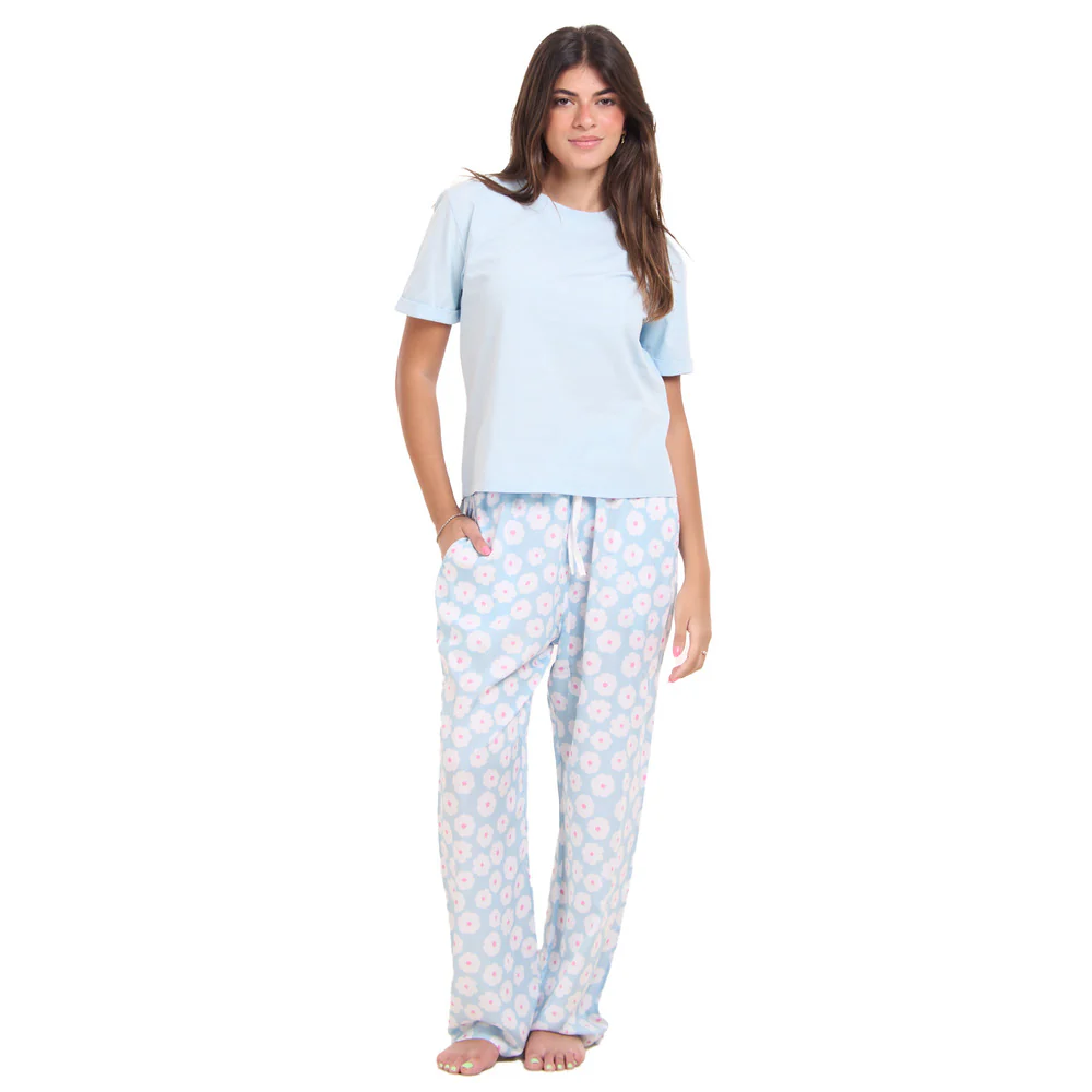 Women summer pajama set Baby blue Tee + Baby blue Floral Pants - Image 6