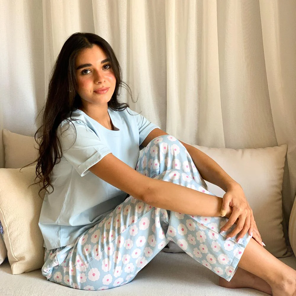 Women summer pajama set Baby blue Tee + Baby blue Floral Pants - Image 7