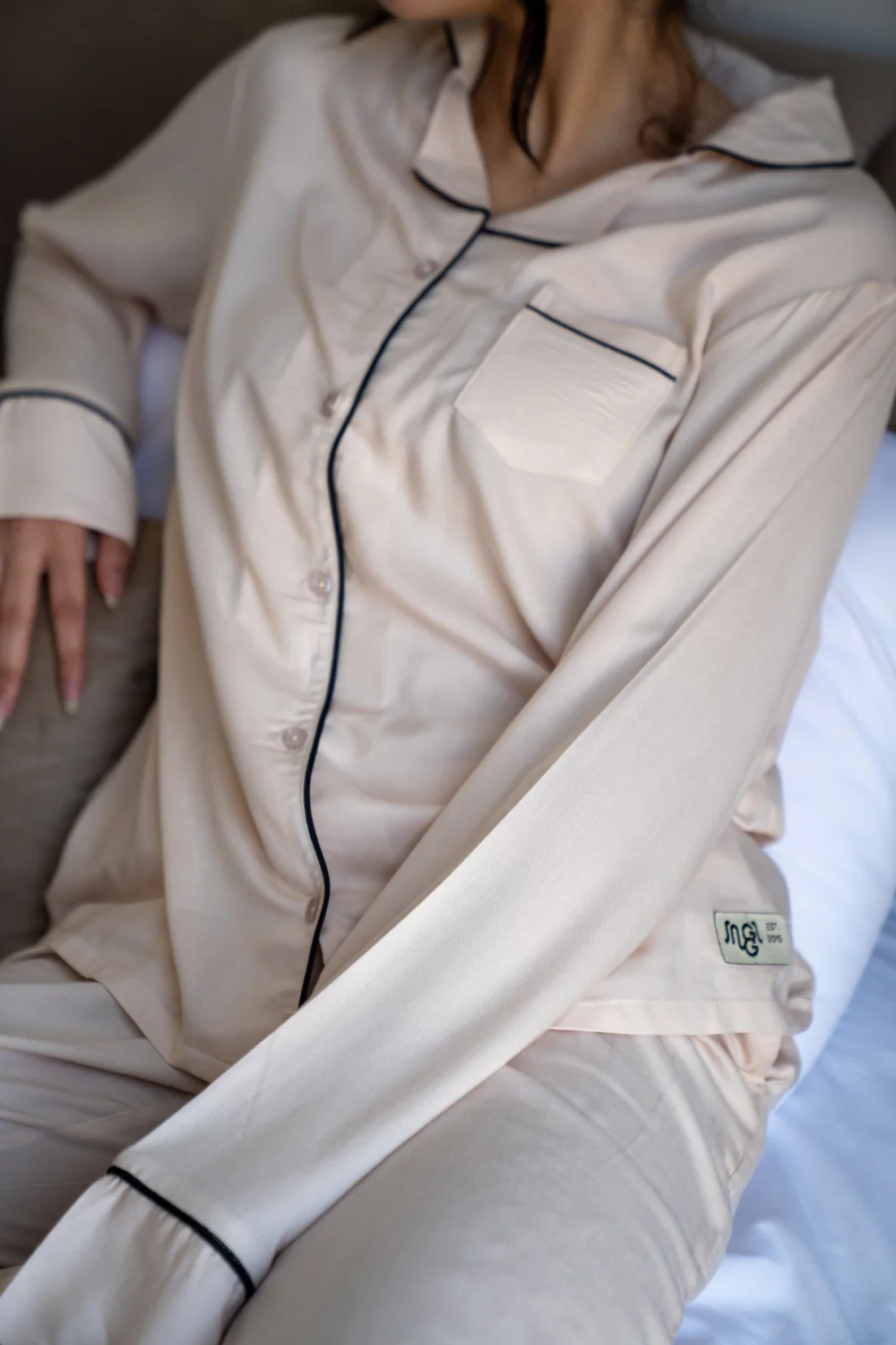 Women Summer Pajama Set Beige buttoned shirt + Pants - Image 2