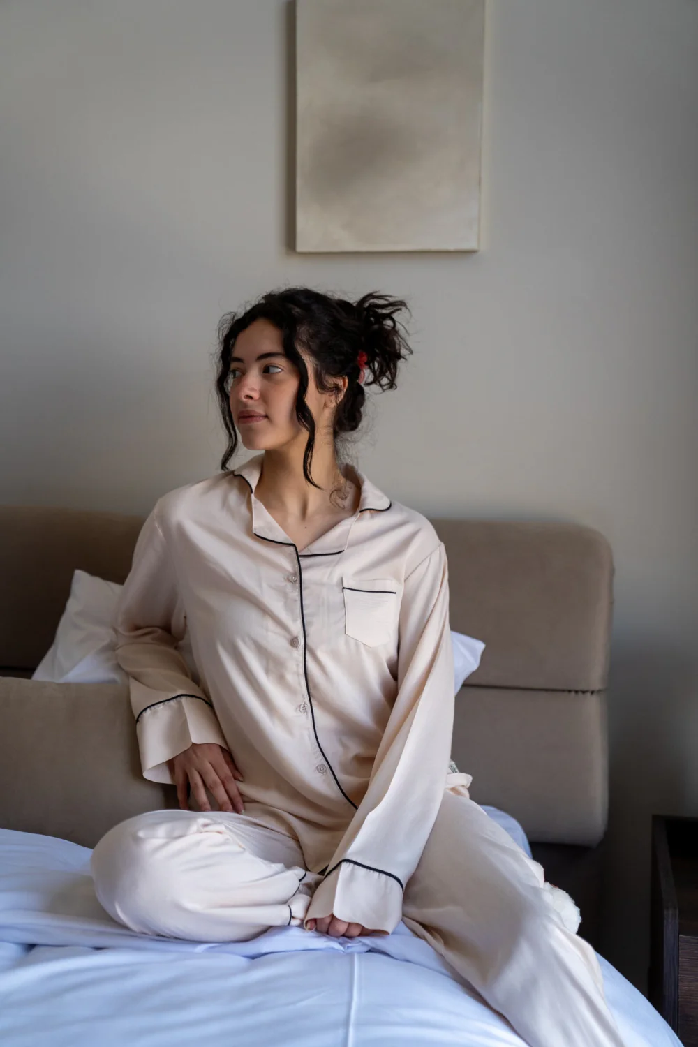 Women Summer Pajama Set Beige buttoned shirt + Pants - Image 3