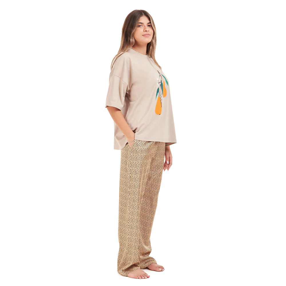 Women summer pajama set Beige top + Beige polka dots Pants - Image 2