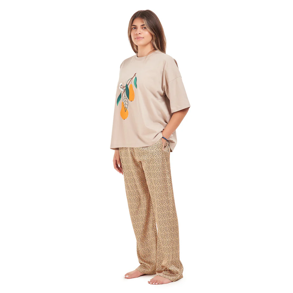 Women summer pajama set Beige top + Beige polka dots Pants - Image 3