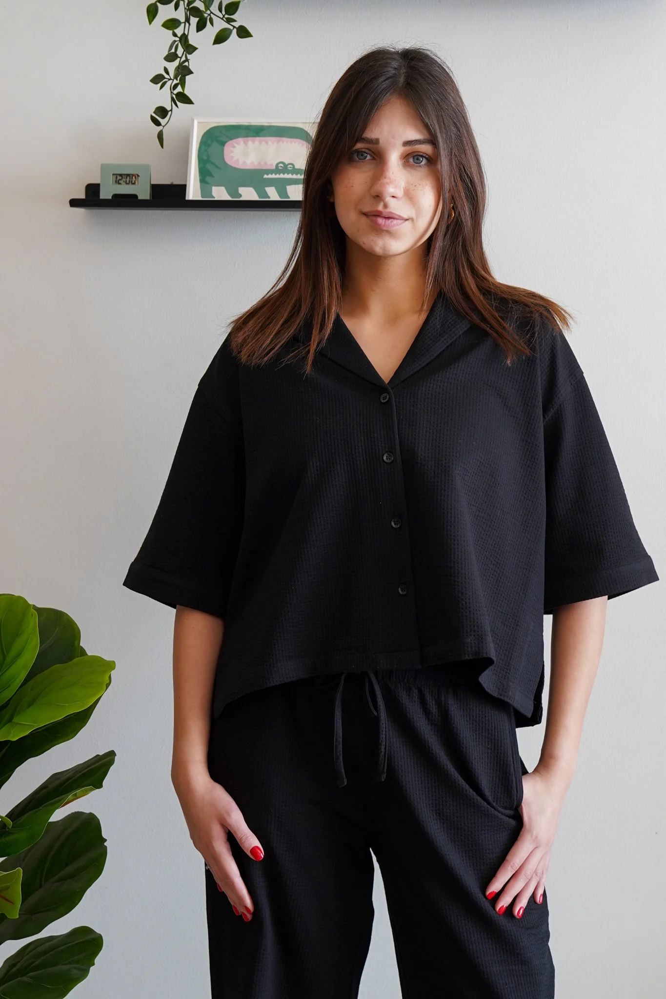 Women summer pajama set Black buttoned Shirt+ Pants - Image 3