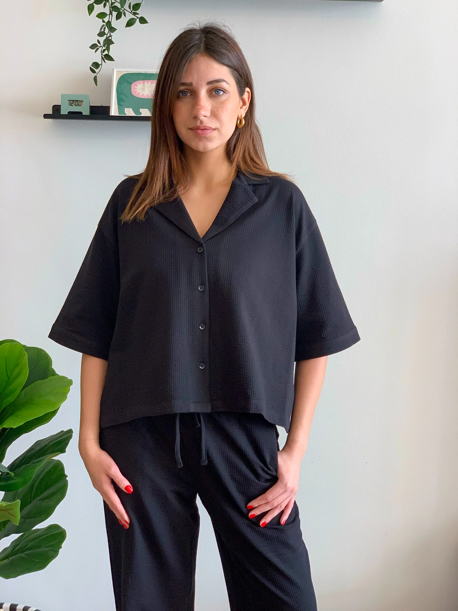 Women summer pajama set Black buttoned Shirt+ Pants - Image 4