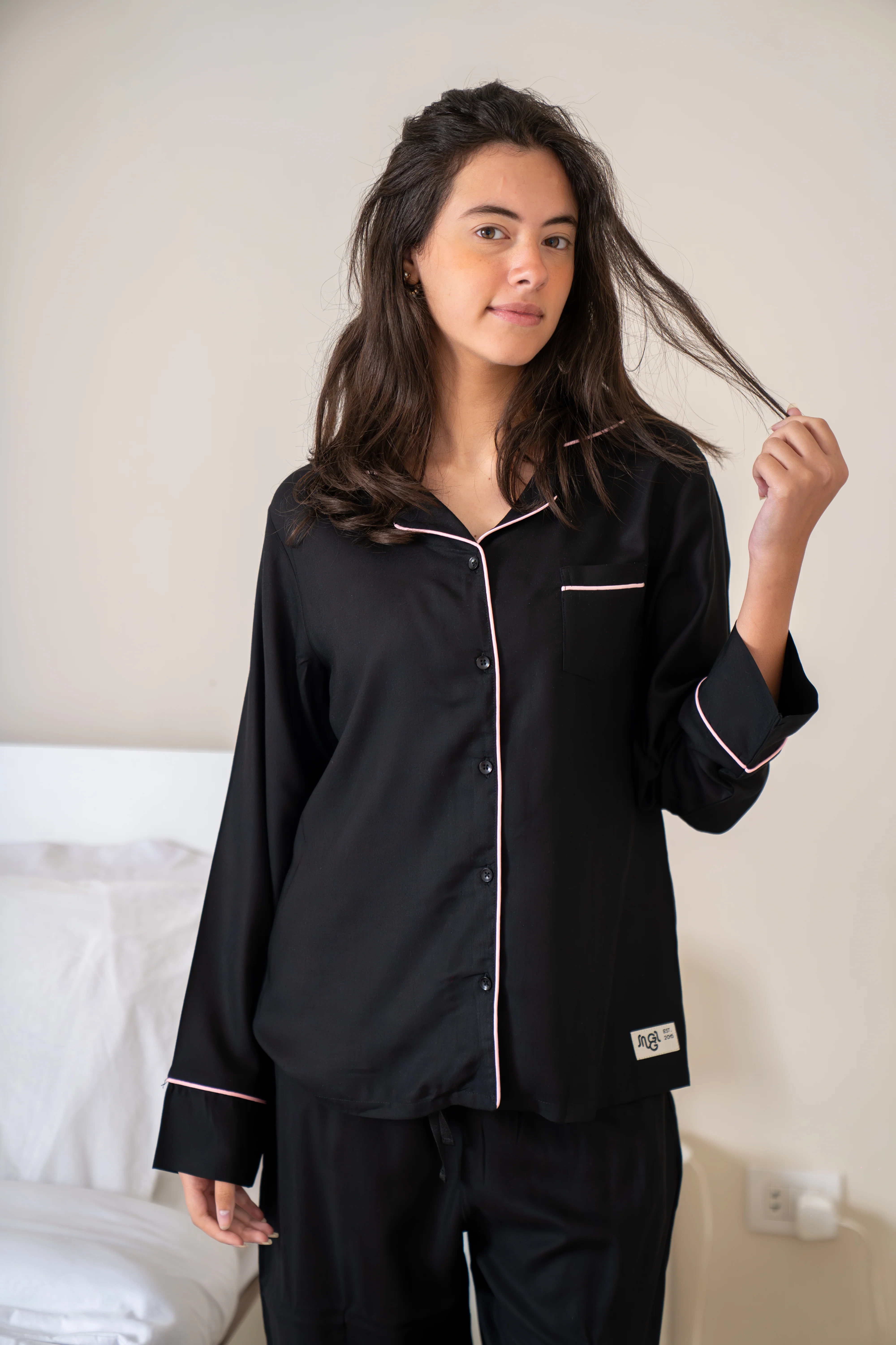 Women Summer Pajama Set Black buttoned shirt + Pants - Image 2
