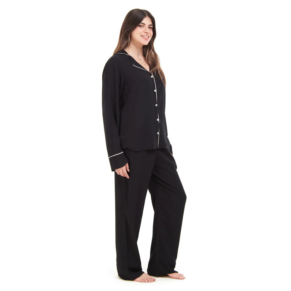 Women summer pajama set Black buttoned shirt + Pants - Image 3