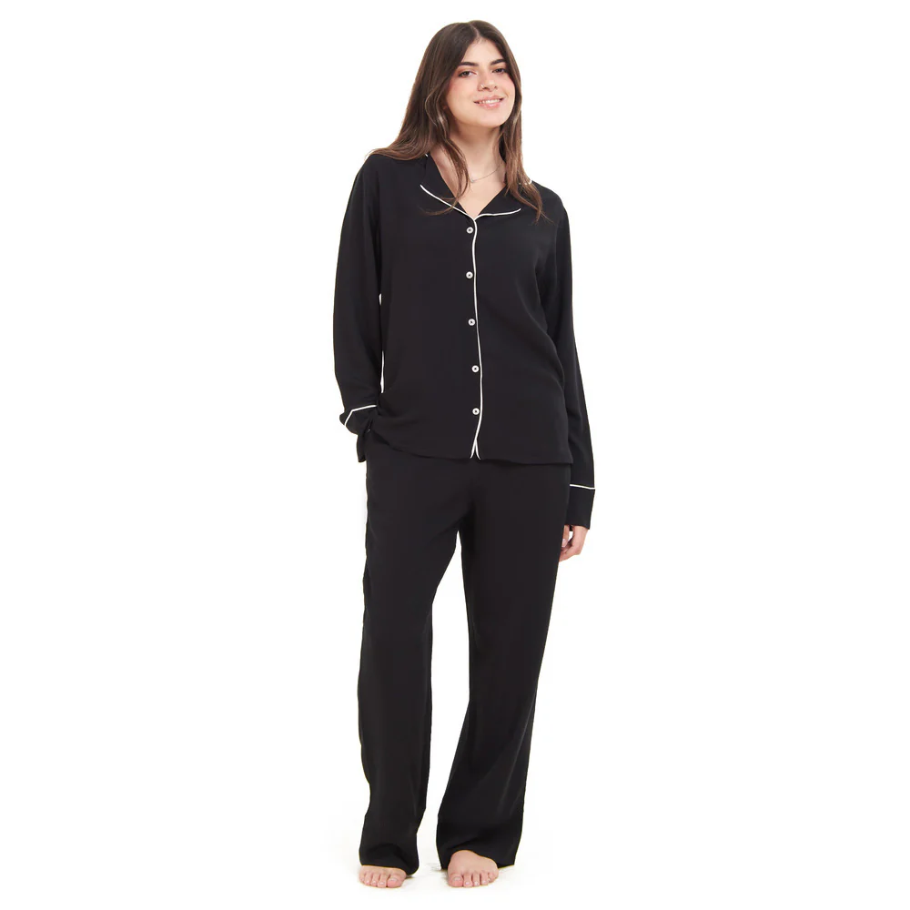 Women summer pajama set Black buttoned shirt + Pants - Image 6