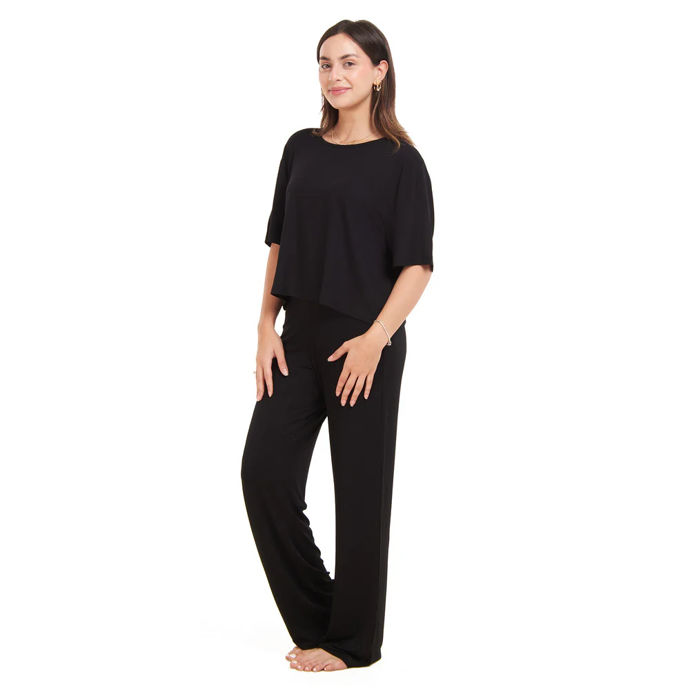 Women summer pajama set Black Cropped top + pants - Image 2