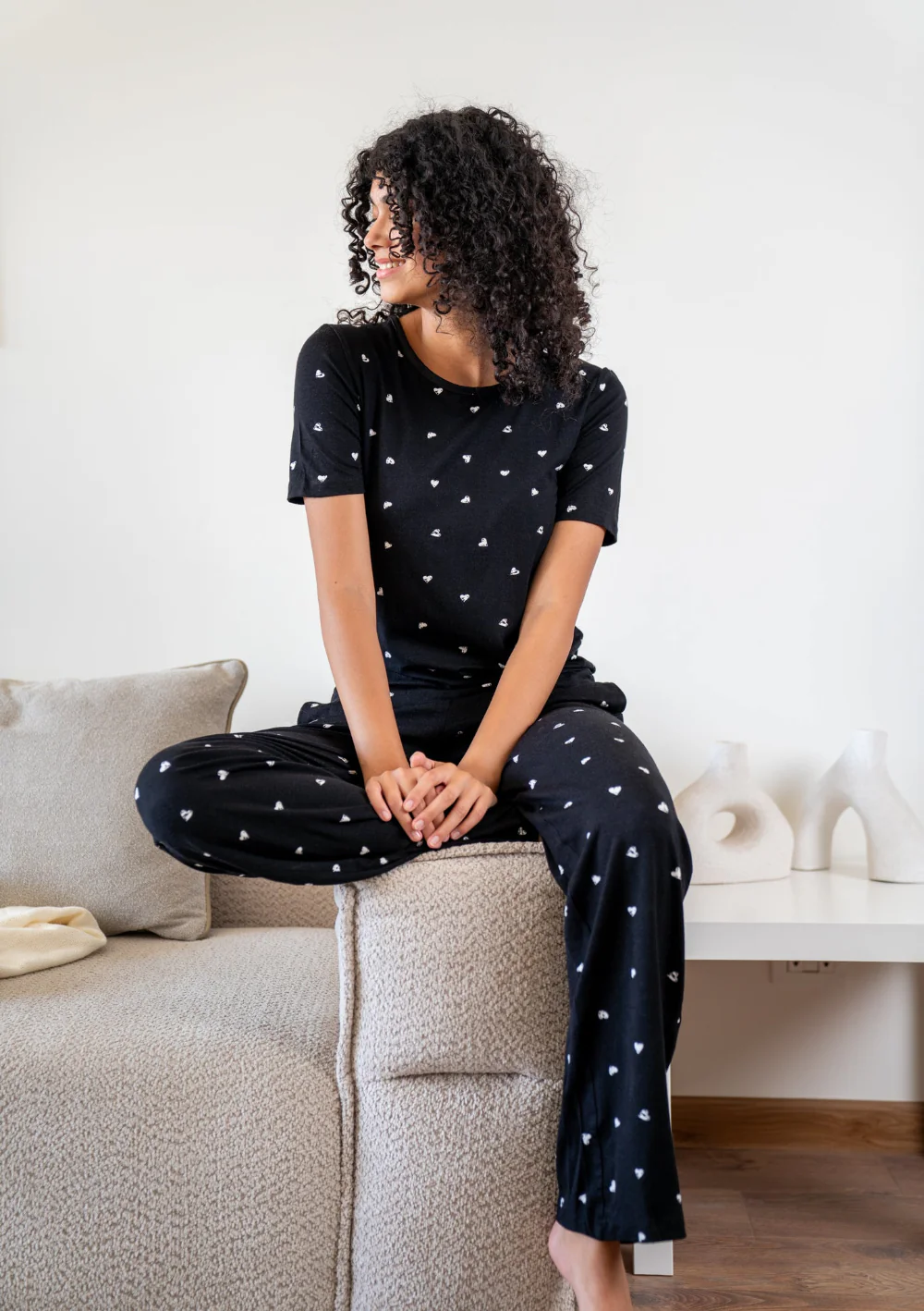 Women summer pajama set Black Hearts shirt + Pants - Image 4