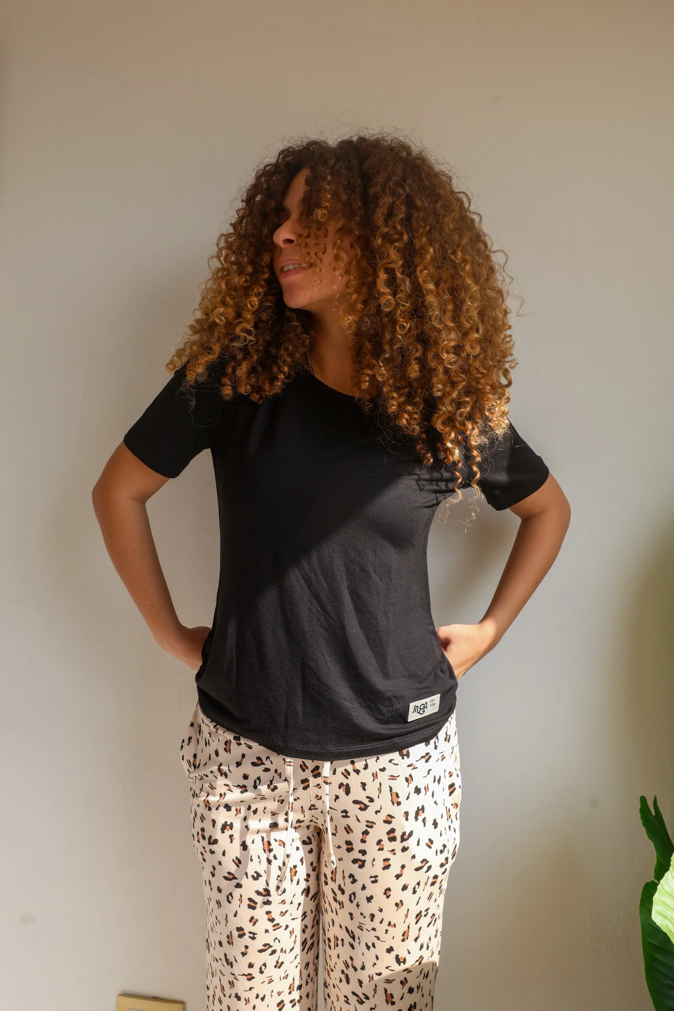 Women summer pajama set Black shirt + Leopard Pants - Image 4