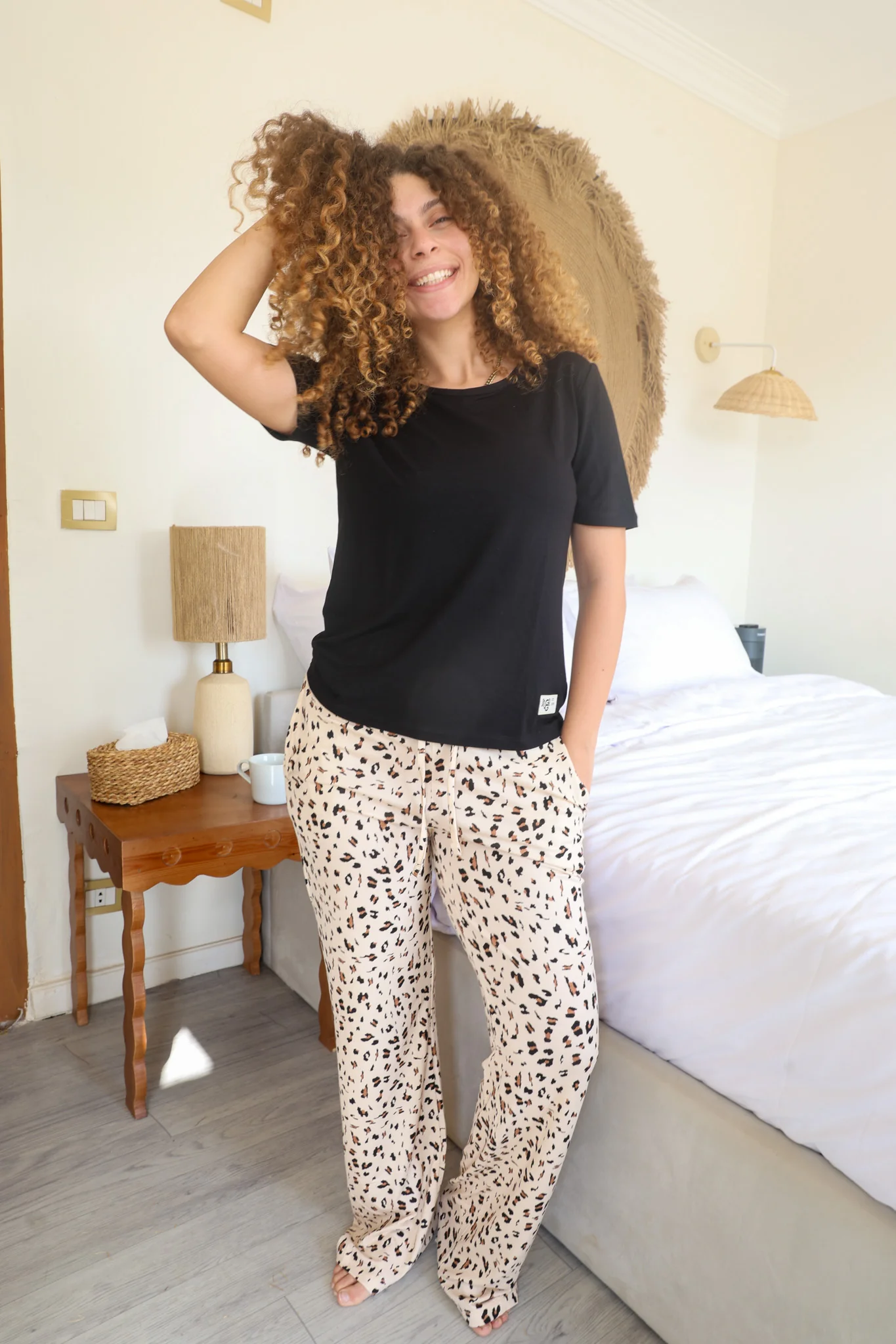 Women summer pajama set Black shirt + Leopard Pants - Image 5