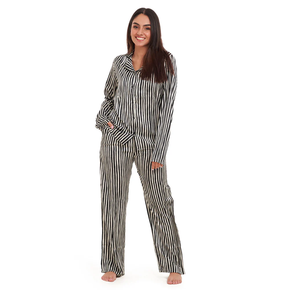 Women summer pajama set Black stripes Pattern Buttoned shirt + Pants