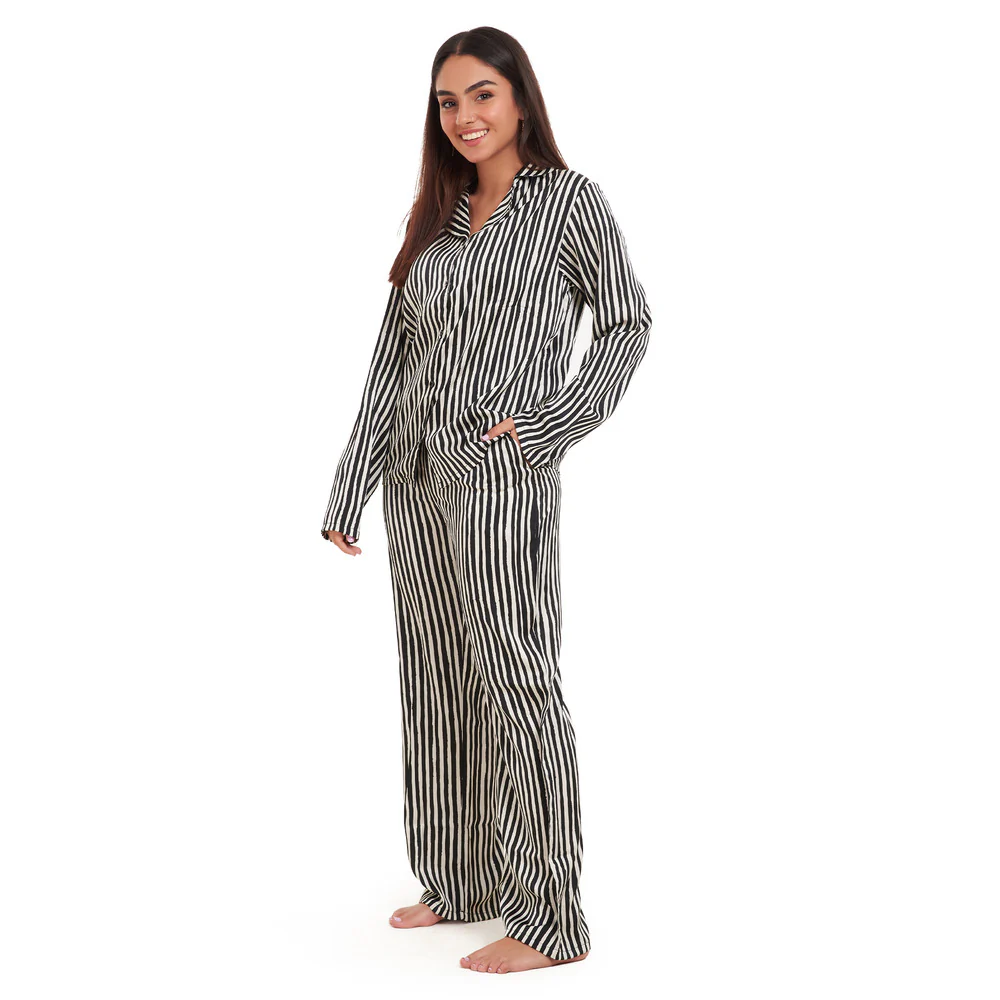 Women summer pajama set Black stripes Pattern Buttoned shirt + Pants - Image 2