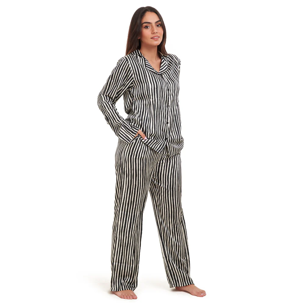 Women summer pajama set Black stripes Pattern Buttoned shirt + Pants - Image 3