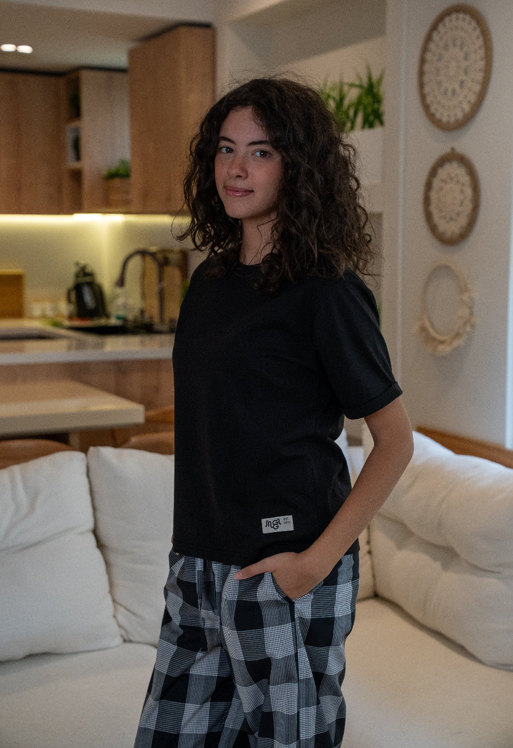 Women summer pajama set Black T-shirt + Black X White Glen Plaid Pants - Image 2