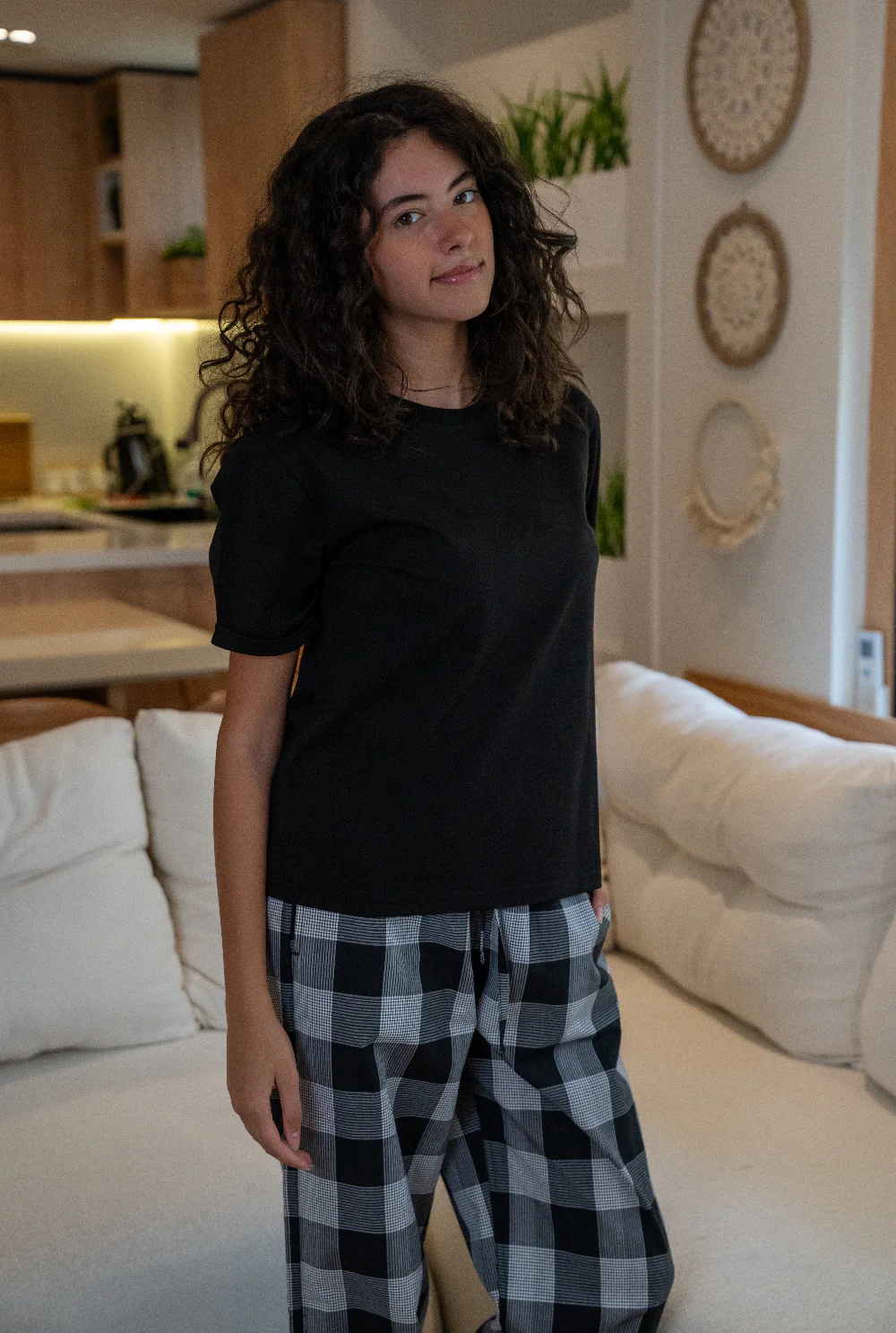 Women summer pajama set Black T-shirt + Black X White Glen Plaid Pants - Image 3