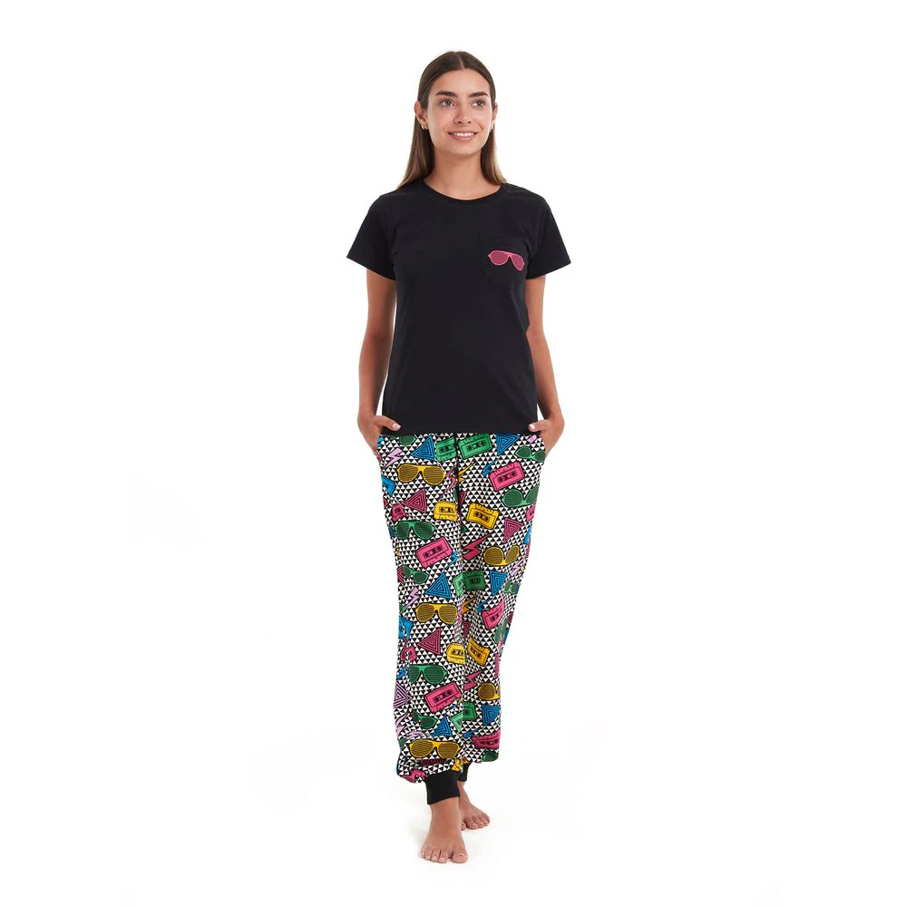 Women summer pajama set Black T-shirt + Retro pants - Image 2