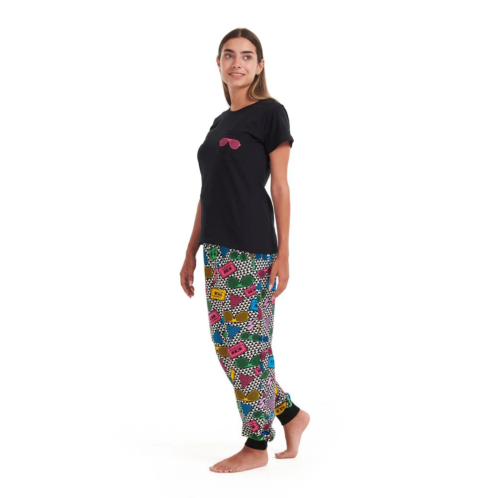 Women summer pajama set Black T-shirt + Retro pants - Image 3