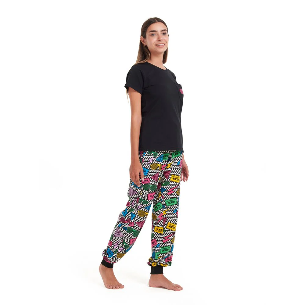 Women summer pajama set Black T-shirt + Retro pants - Image 4