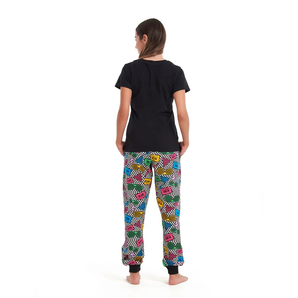 Women summer pajama set Black T-shirt + Retro pants - Image 5