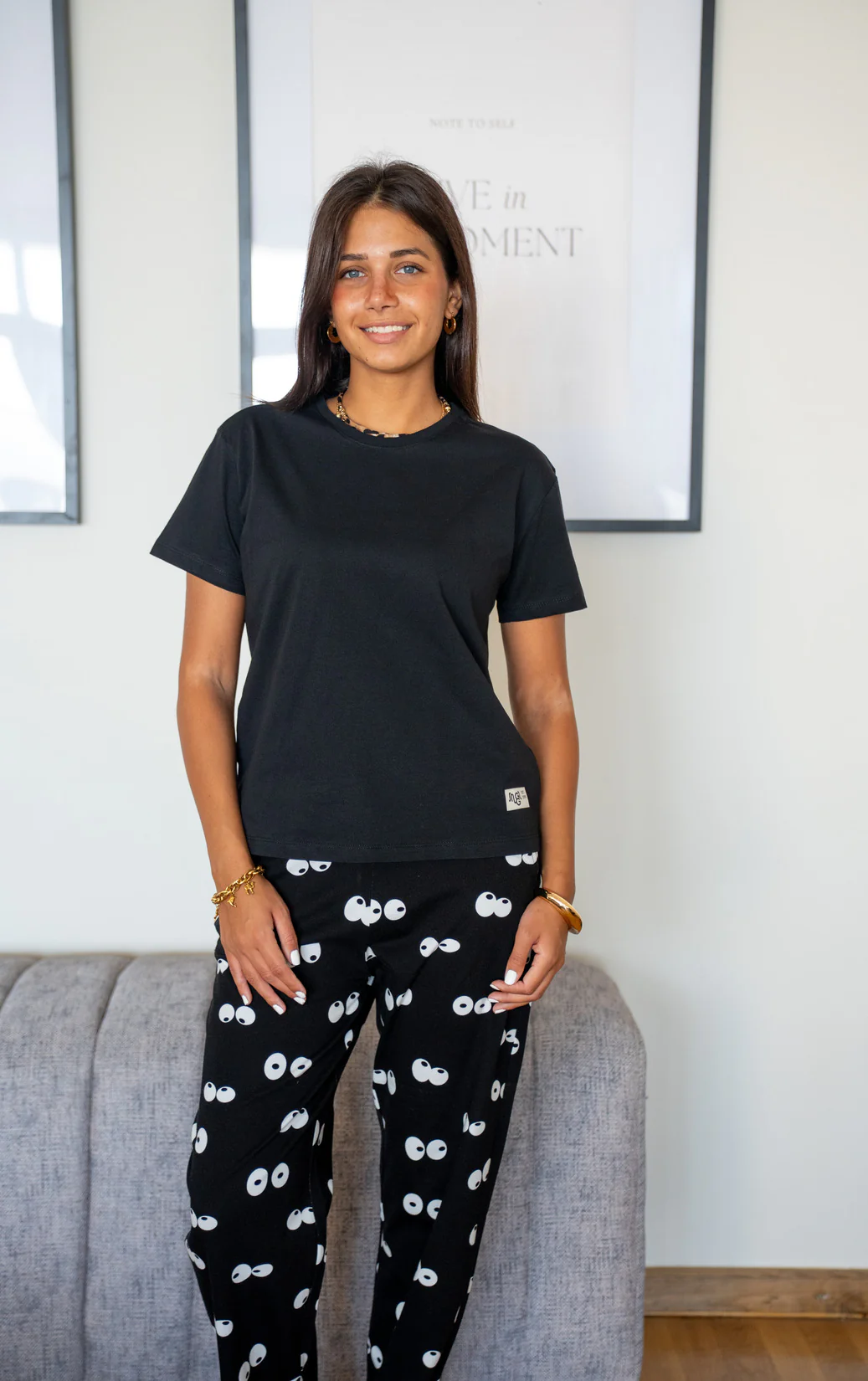 Women summer pajama set Black T-shirt + Eyes Pants - Image 3