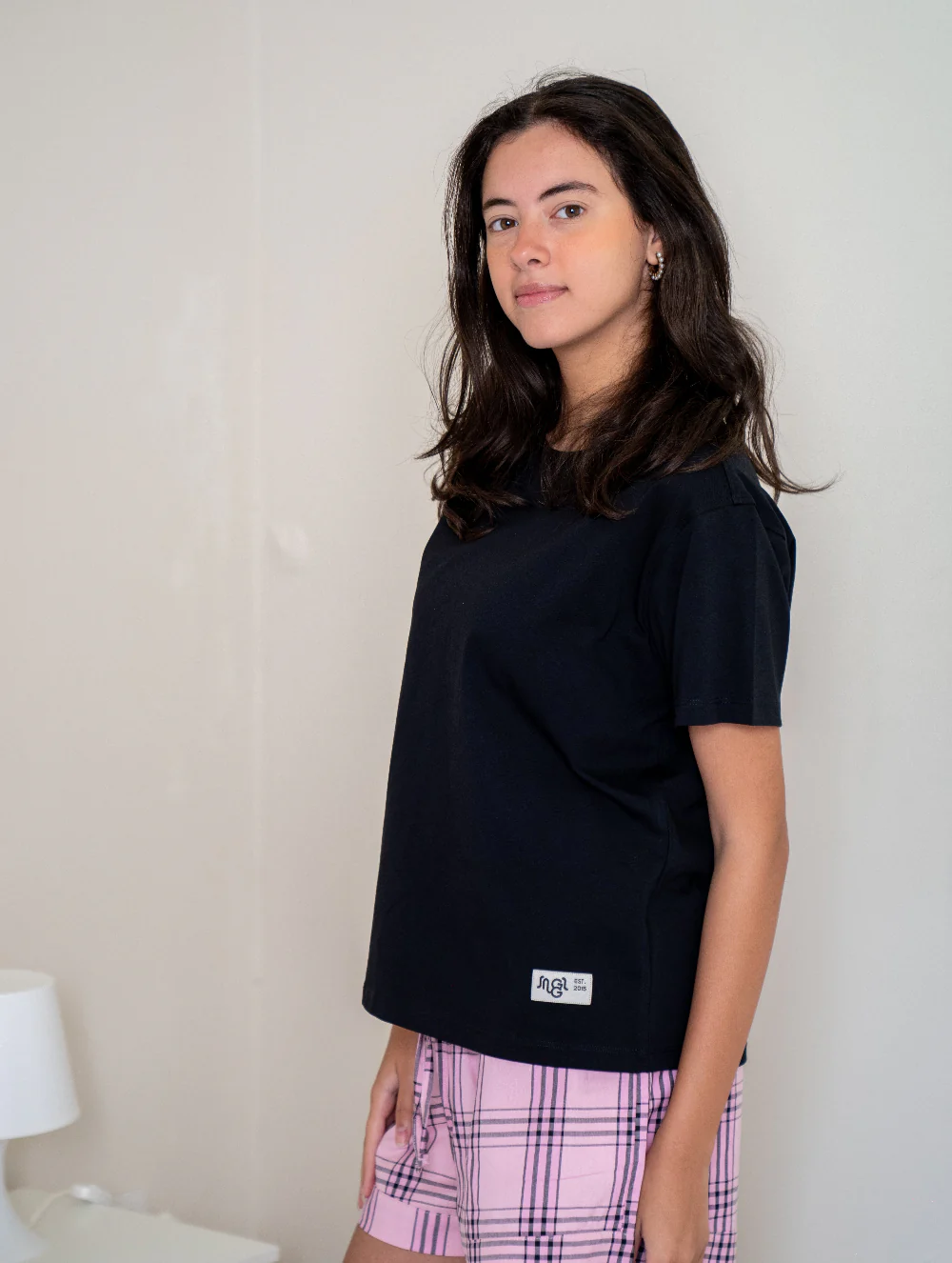 Women Summer Pajama set Black T-shirt + Pink X Black Tartan Plaid Shorts - Image 3