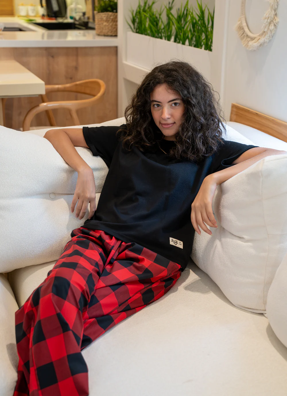 Women summer pajama set Black T-shirt + Red X Black Checkered Pants - Image 2