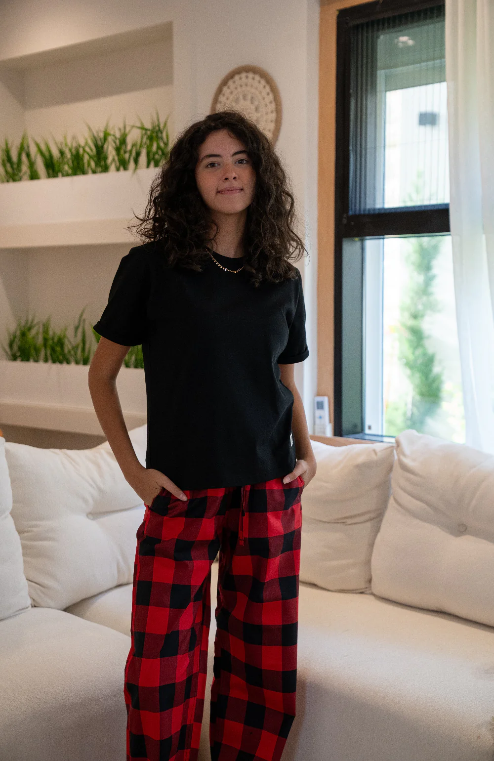 Women summer pajama set Black T-shirt + Red X Black Checkered Pants - Image 3