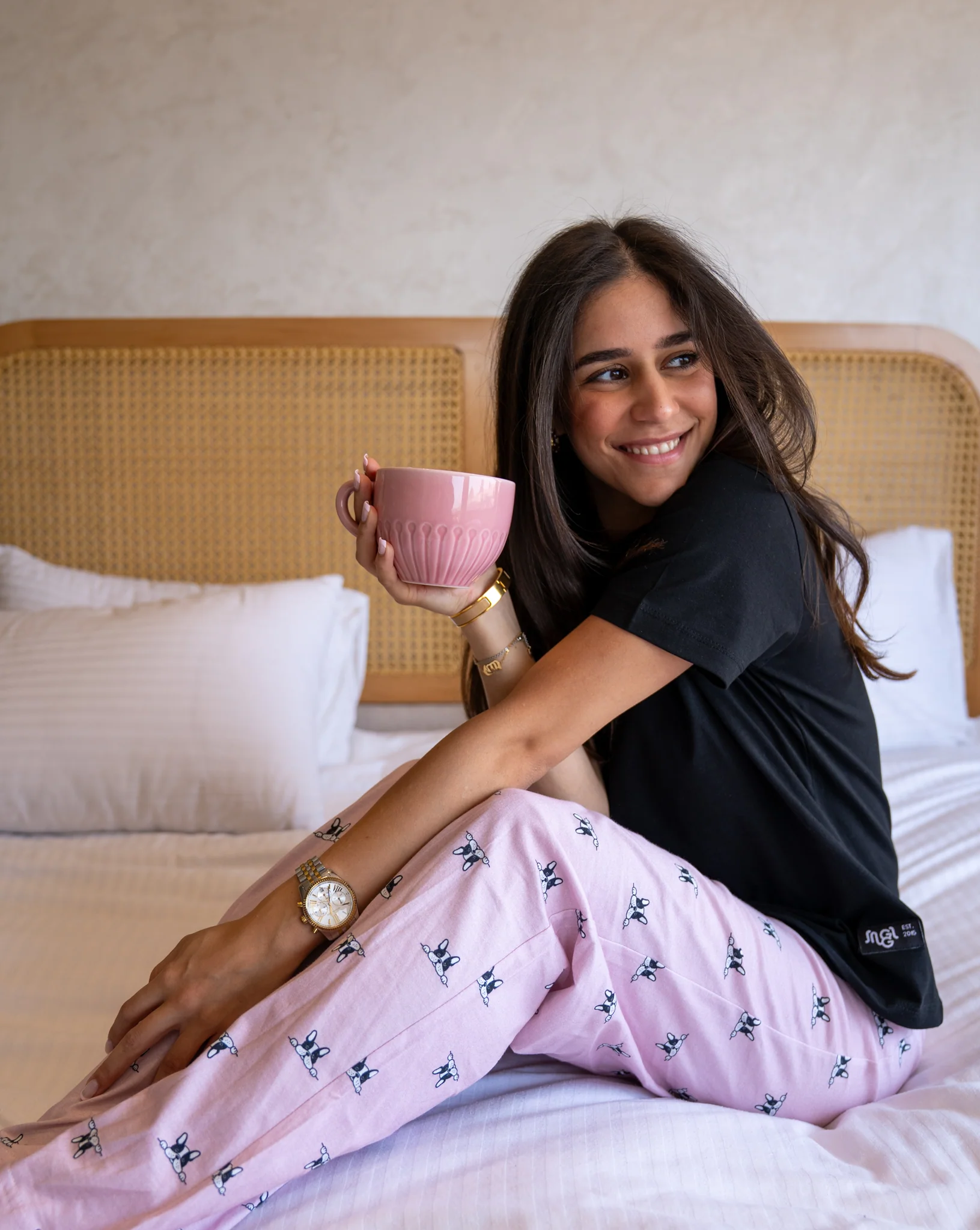Women summer pajama set Black T-shirt + Rose Dog Pants - Image 3