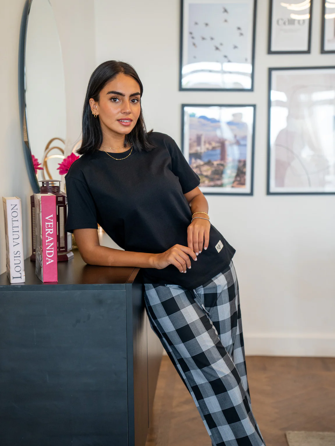 Women summer pajama set Black Tee + Black X White Glen Plaid Pants - Image 2